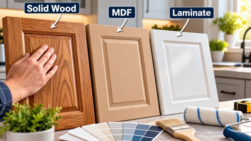 Inspecting various cabinet substrates before learning how to paint kitchen cabinets properly.