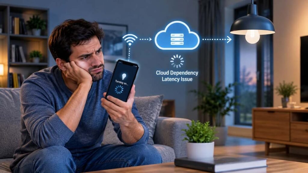 Frustrated homeowner experiencing cloud latency in smart home automation