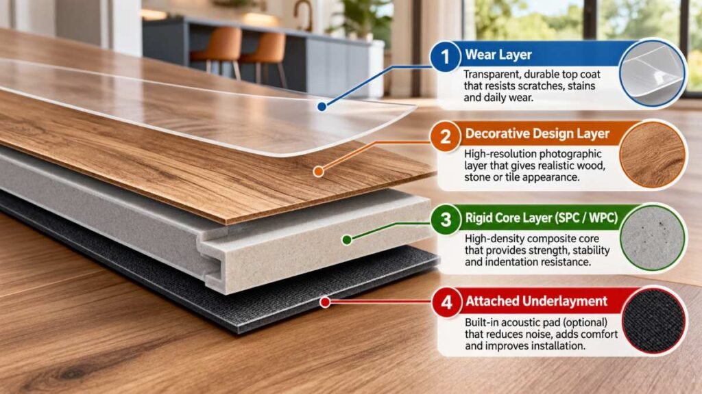 luxury vinyl flooring core and wear layer structure