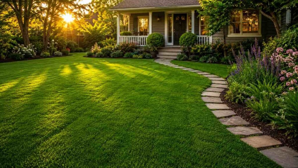 A perfectly maintained, thick green yard resulting from consistent seasonal lawn care habits.