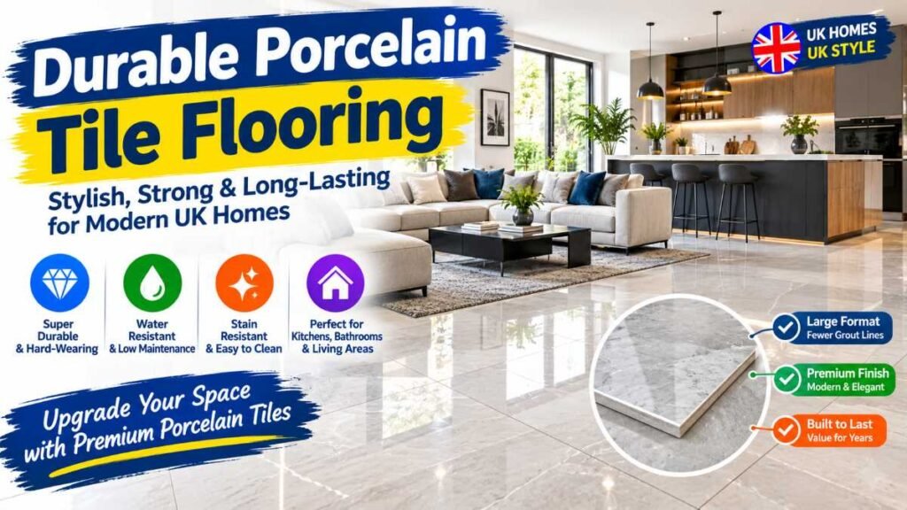 Large-format porcelain tiles laid in a high-traffic kitchen