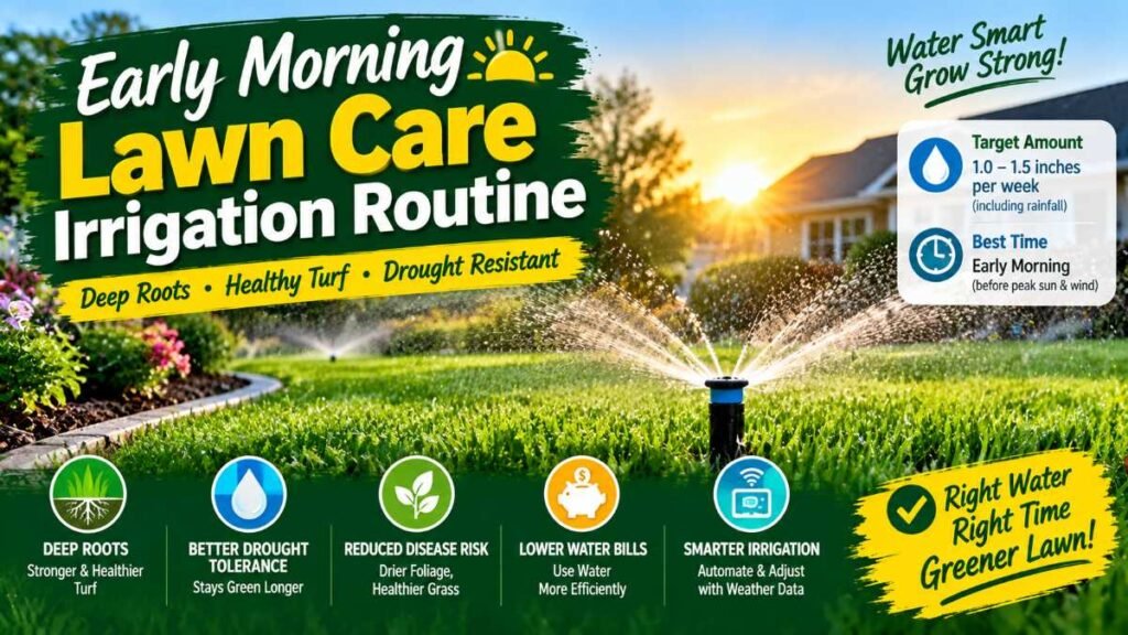 Lawn sprinkler watering green grass during early morning lawn care
