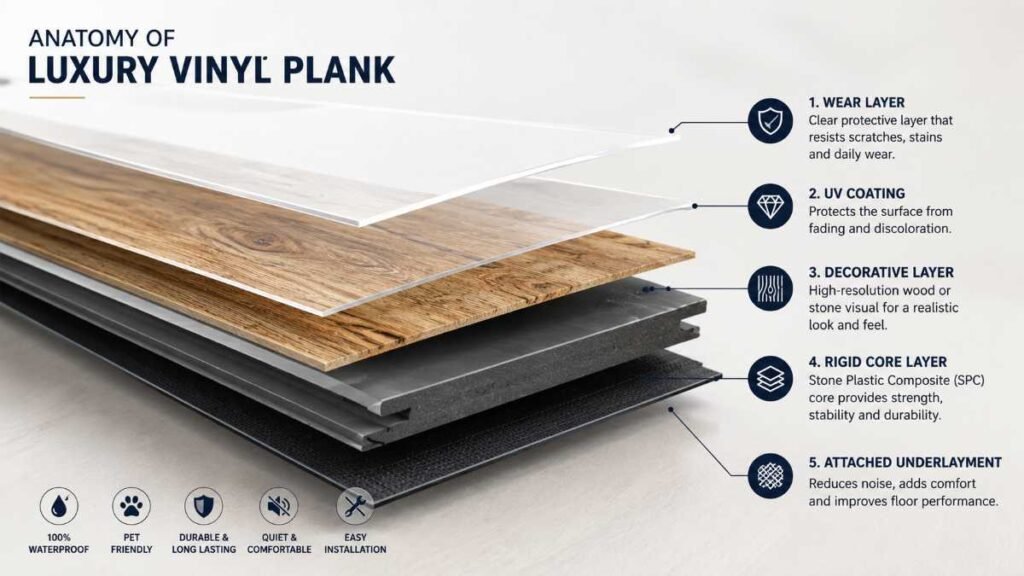 Layers of high-density luxury vinyl plank