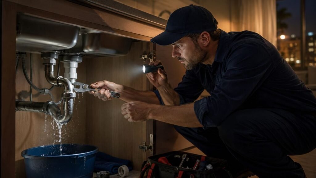 Professional technician performing emergency plumbing repair on a burst kitchen pipe at night.