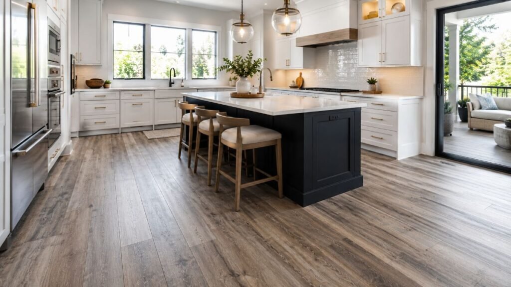 Luxury vinyl flooring in a bright modern kitchen