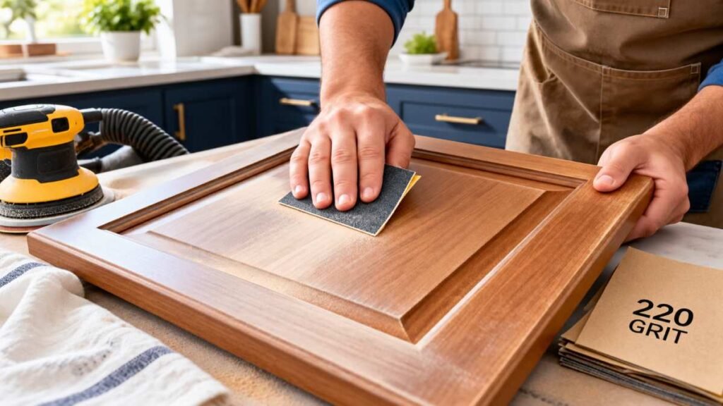 Step-by-step surface preparation showing how to paint kitchen cabinets with 220-grit sanding