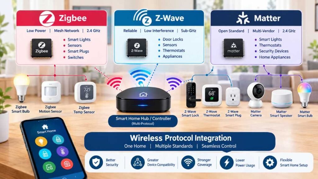 Zigbee, Z-Wave, and Matter wireless protocol nodes for smart home automation