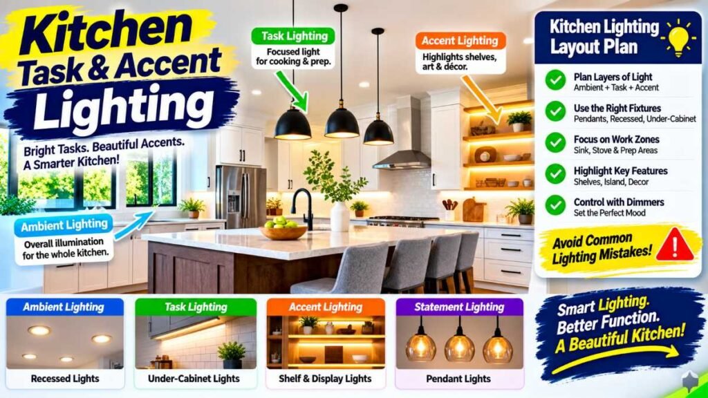 Layered under-cabinet and recessed kitchen lighting layout