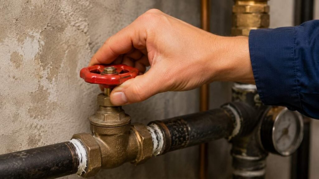 Homeowner turning off main water shut-off valve during emergency plumbing repair situation.