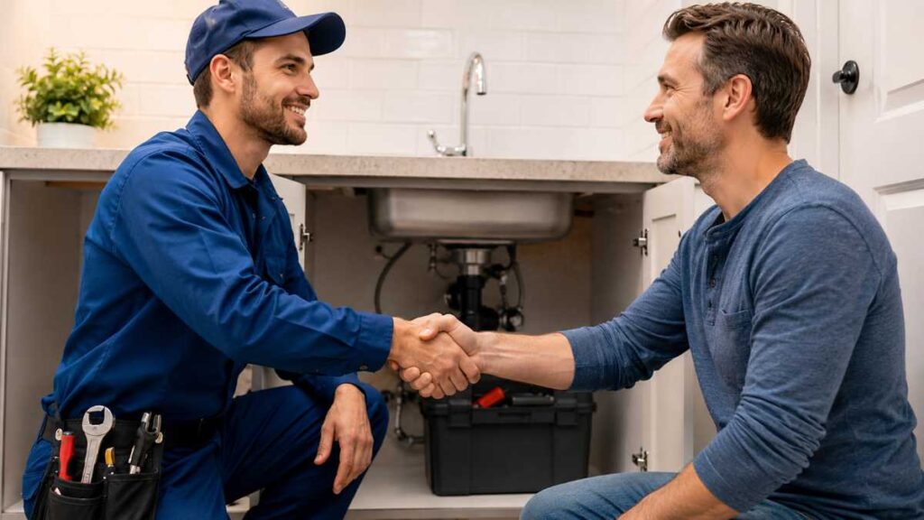 Verified licensed plumber greeting a homeowner for an emergency plumbing repair job.