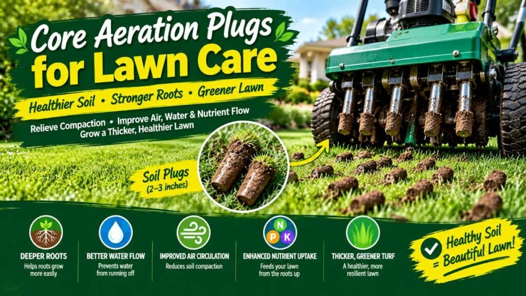Soil plugs left on grass after core aeration in lawn care.