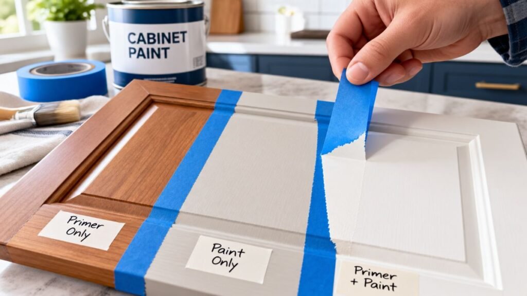 Conducting an adhesion tape test when learning how to paint kitchen cabinets effectively.
