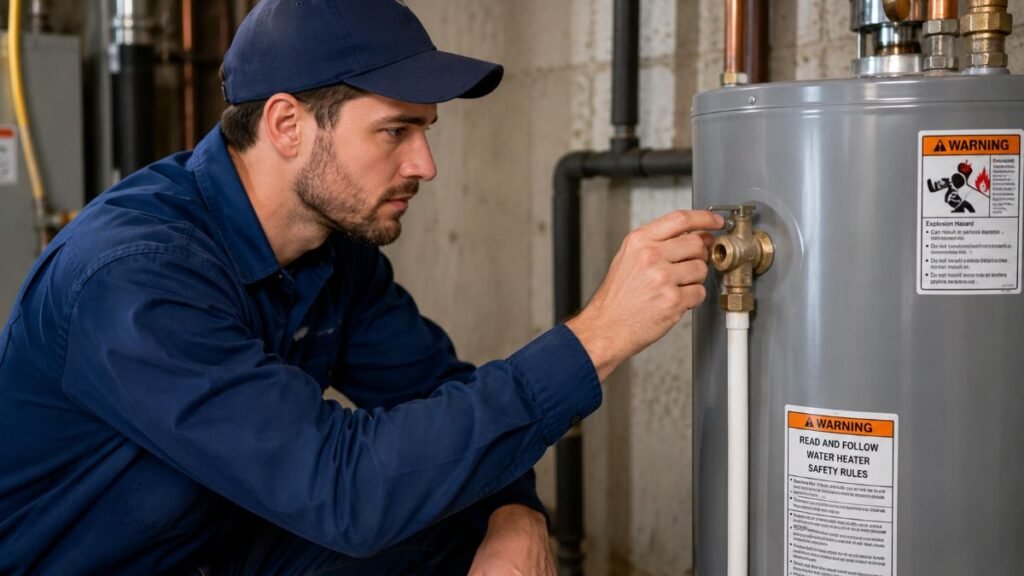 Inspector examining a water heater to avoid sudden emergency plumbing repair emergencies.