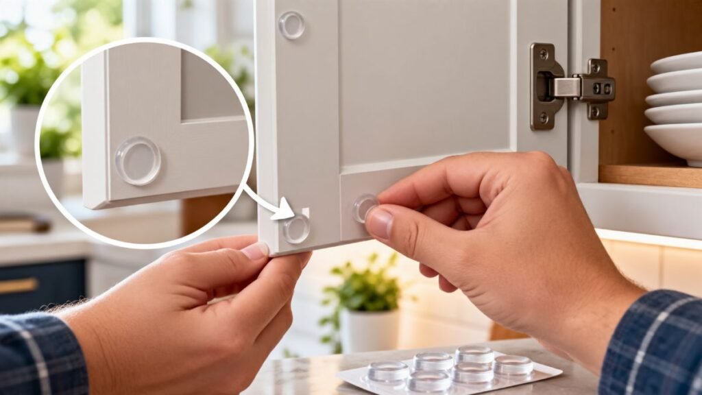 Preventing stickiness after learning how to paint kitchen cabinets using silicone door bumpers.