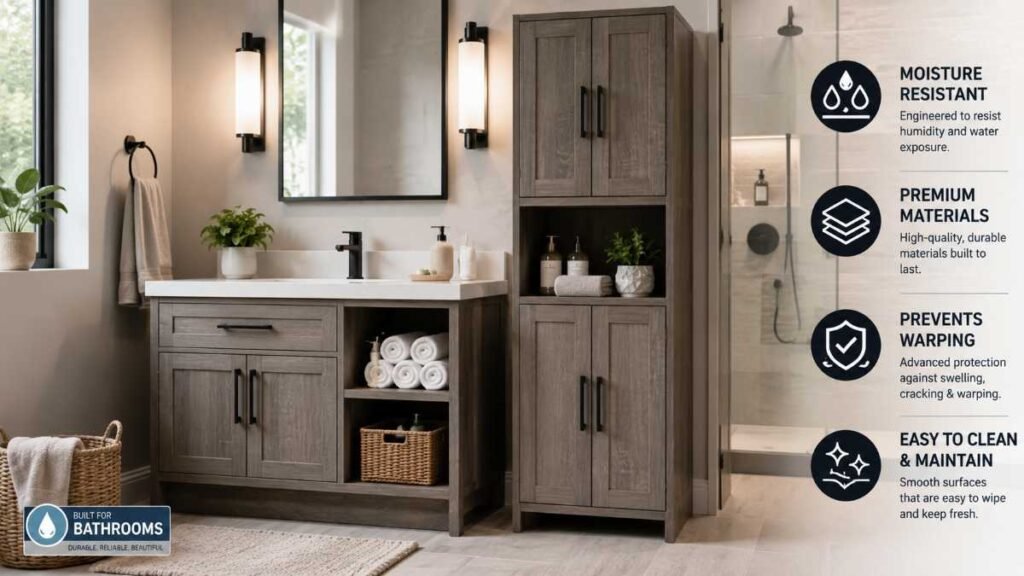 Waterproof bathroom storage cabinet made with durable marine-grade materials