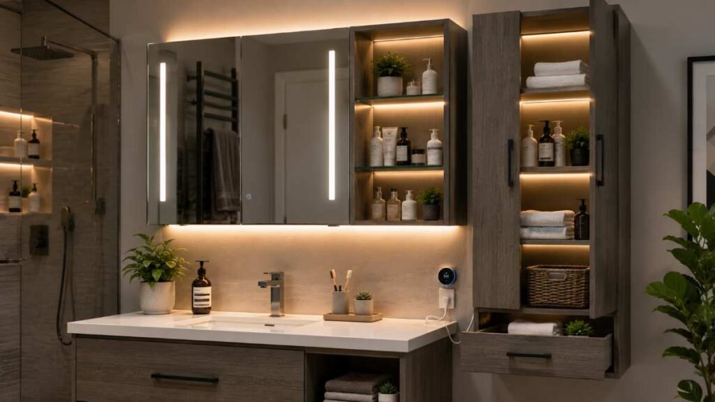 Bathroom storage cabinet illuminated with integrated motion-sensor LED strips