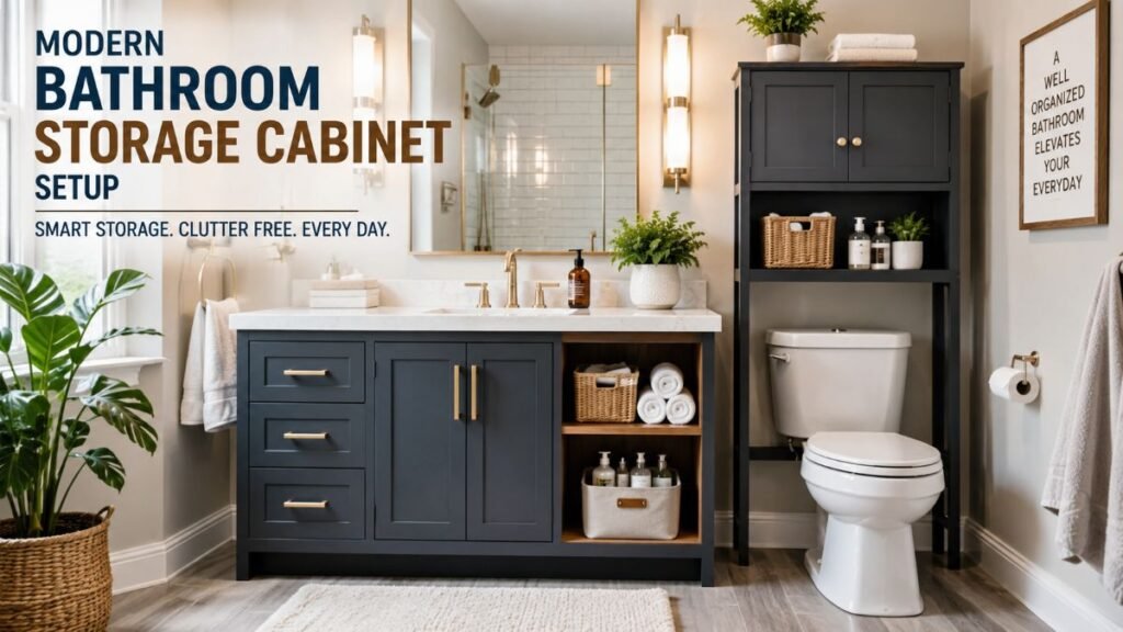 Modern bathroom storage cabinet organized with sleek wood shelves and vanity containers