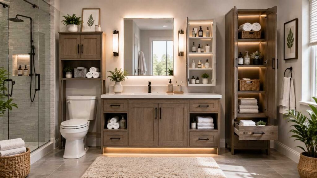 Beautifully finished master bathroom featuring a premium storage cabinet layout