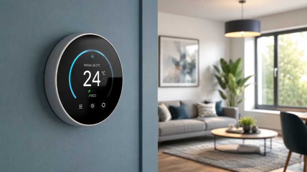 A modern best smart thermostat installed on a stylish wall, managing home climate and energy efficiency.