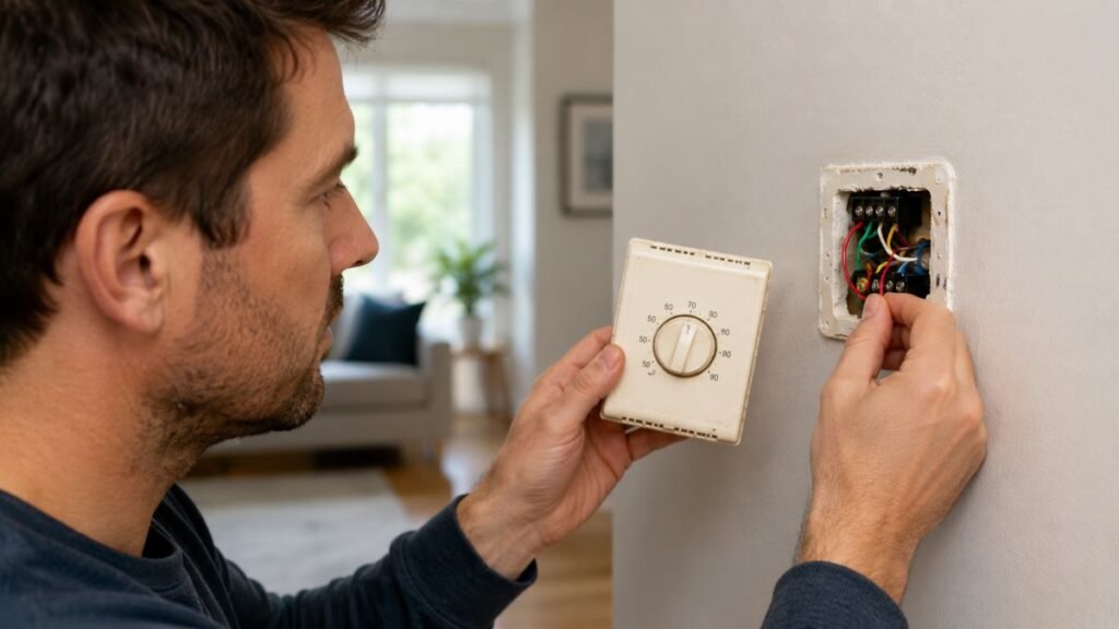 A homeowner inspecting low-voltage wires before installing a new best smart thermostat.