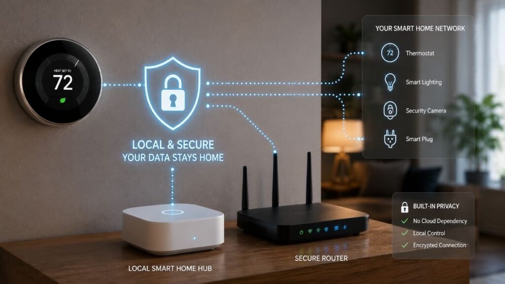 Local network hub securing data privacy for a connected best smart thermostat.