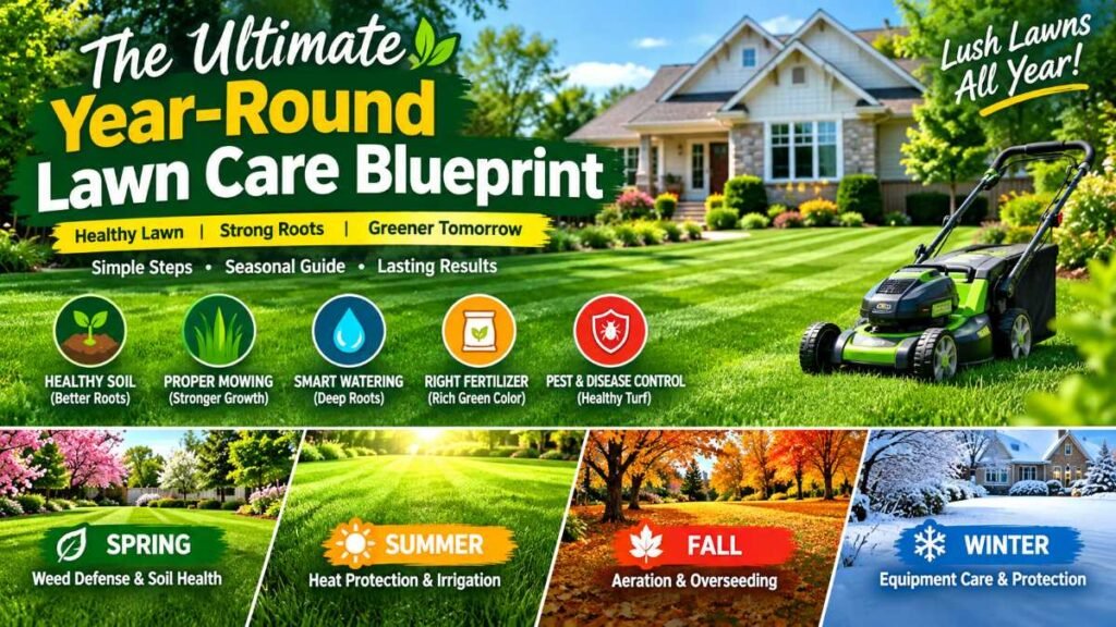A healthy green residential lawn showing proper lawn care practices