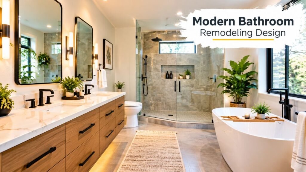 Modern bathroom remodeling project showcasing waterproof tile and high-end fixtures