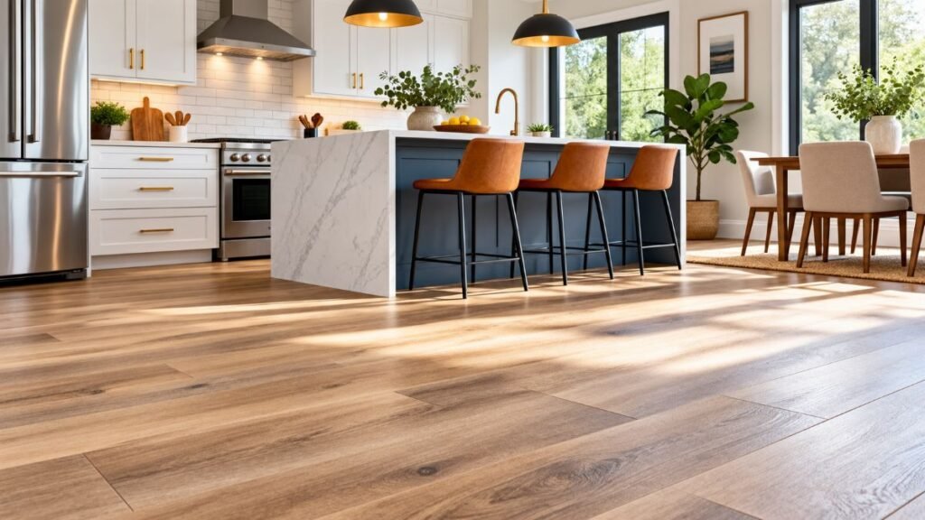 luxury vinyl flooring installed in a bright modern kitchen