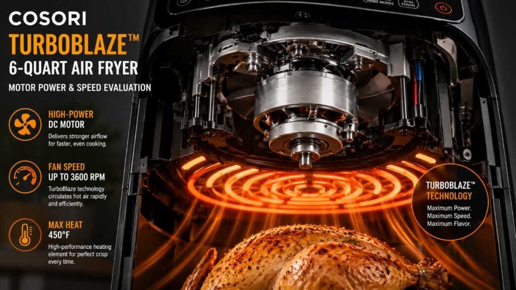 High-powered DC motor system inside the Cosori TurboBlaze featured in the best air fryers lineup.