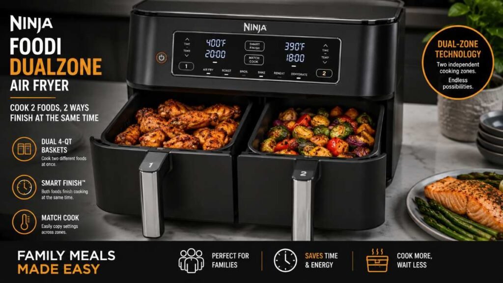 Dual-basket setup of the Ninja Foodi highlighted in reviews of the best air fryers.
