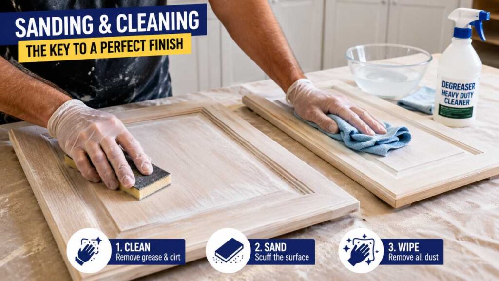 Preparation steps on how to paint kitchen cabinets including sanding