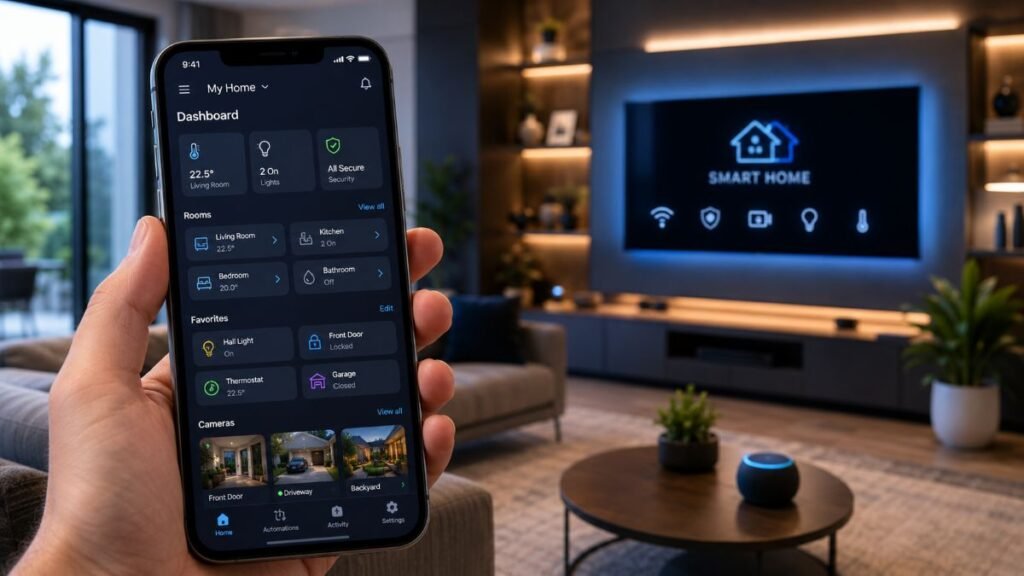 Clean interface displaying smart home automation controls for lighting, climate, and security
