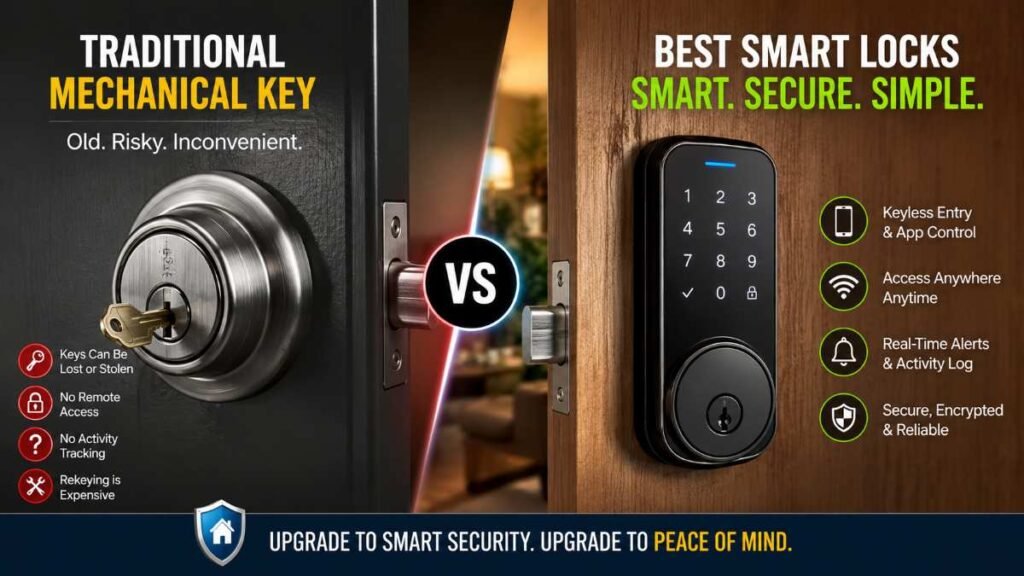 Traditional brass physical key resting next to a digital keypad representing the shift to the best smart locks.