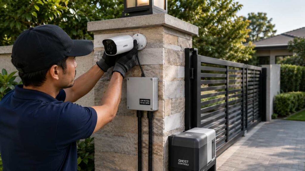 Professional contractor handling precision hardware placement during a complex smart home installation