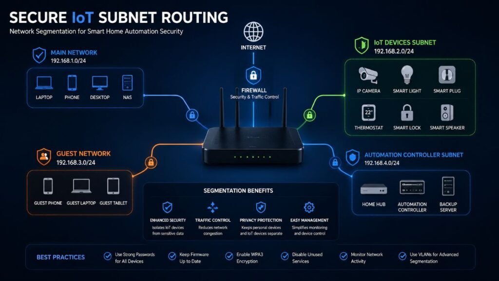 Dedicated router and VLAN dashboard managing smart home automation traffic securely