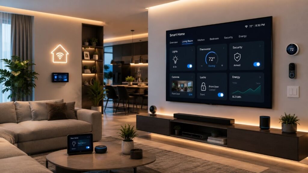 Smart home automation dashboard running locally on a sleek wall tablet in a US living room