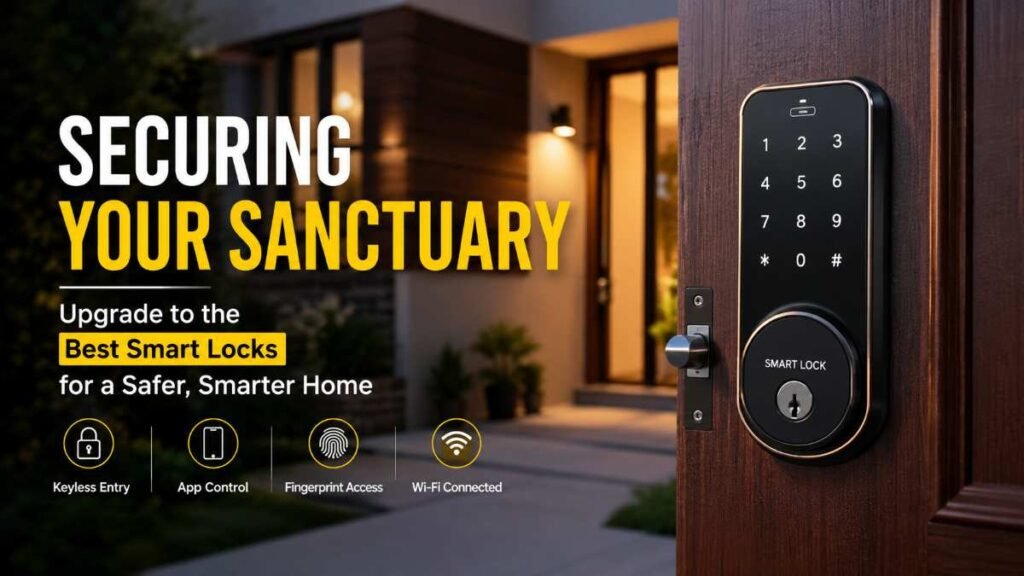 Sleek electronic deadbolt installed on a modern wooden front door representing the best smart locks for home security.