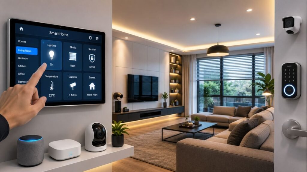 A clean living room setup showcasing professional smart home installation and local automation control panels