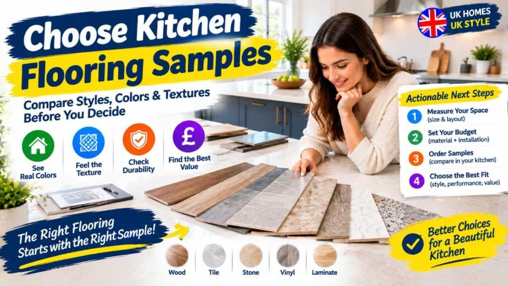 Homeowner reviewing physical kitchen flooring samples and color swatches