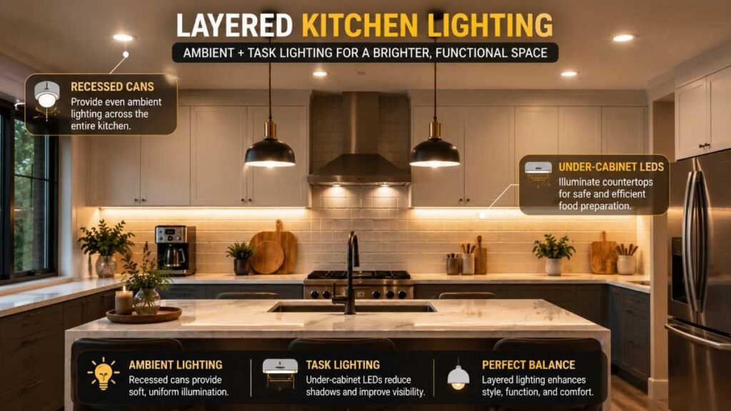 Clean kitchen workspace demonstrating multi-layered kitchen lighting ideas with active under-cabinet strips.