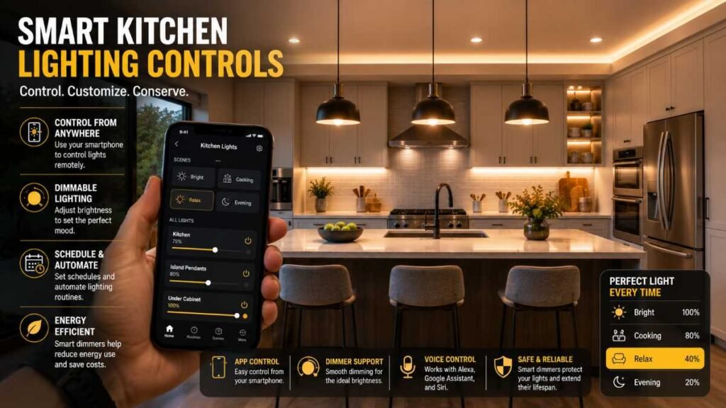 Mobile app interface controlling smart switches for advanced kitchen lighting ideas.
