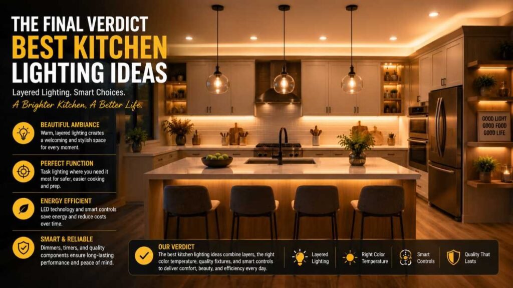Warm evening glow illuminating a fully upgraded kitchen showcasing ideal kitchen lighting ideas.