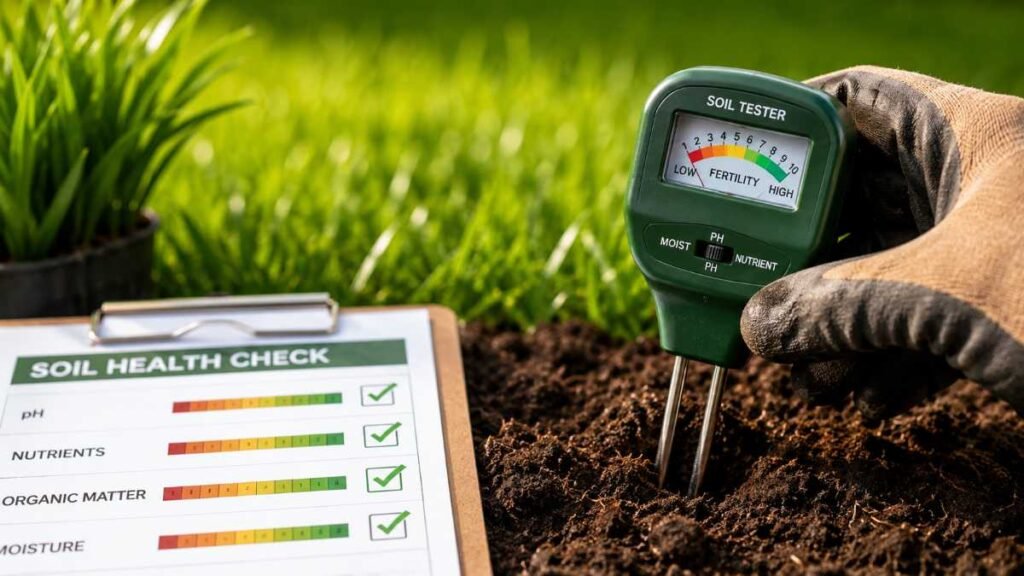 Homeowner checking soil health for lawn care