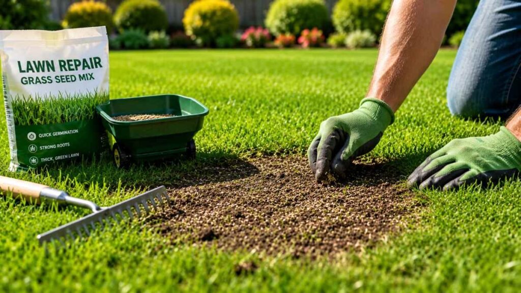Patching and overseeding bare lawn areas