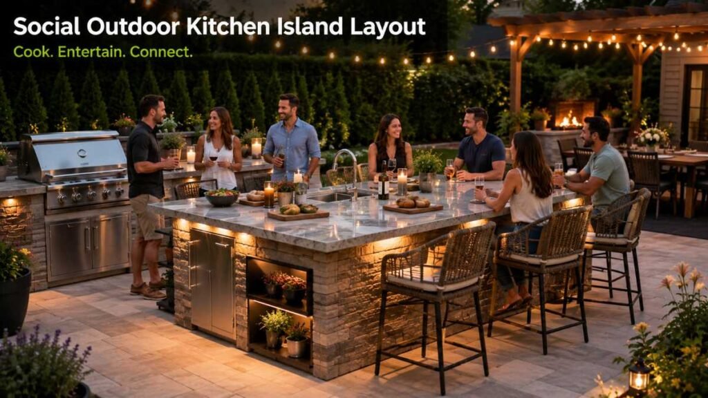 Friends gathering around a multi-functional outdoor kitchen island with bar seating.