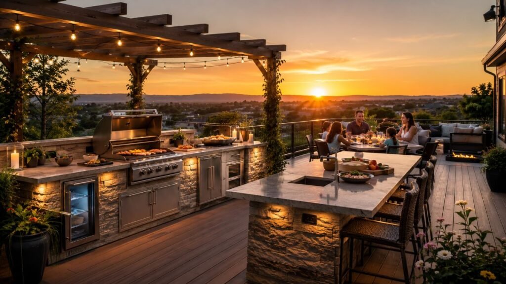 A luxurious outdoor kitchen installed on a backyard patio, ideal for open-air entertaining.