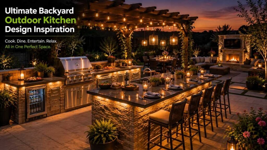 A completed, fully functional outdoor kitchen illuminating a backyard patio at night.