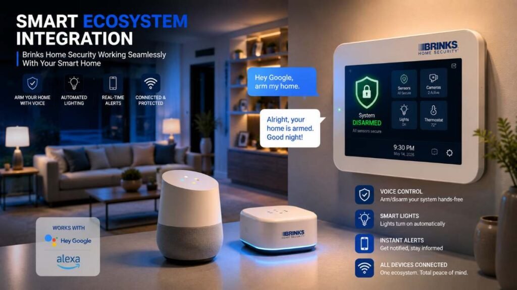 Voice assistant hub syncing with smart bulbs and brinks home security devices