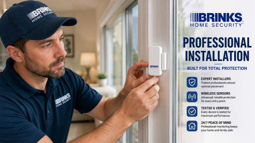 Technician mounting window sensors and hardware for brinks home security