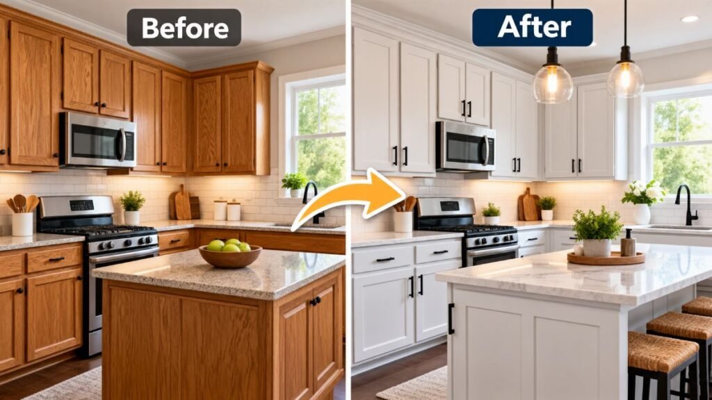 Final results of a DIY project following how to paint kitchen cabinets step-by-step.